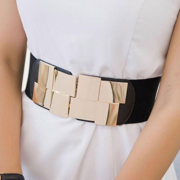 

belts women elastic waist closure wide belt gold square buckle dress decorative female self - cultivation band girdle, Black;brown