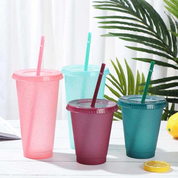 

mugs personalized straw cup flash powder sequined with straws portable water bottle outdoor colorful plastic mug