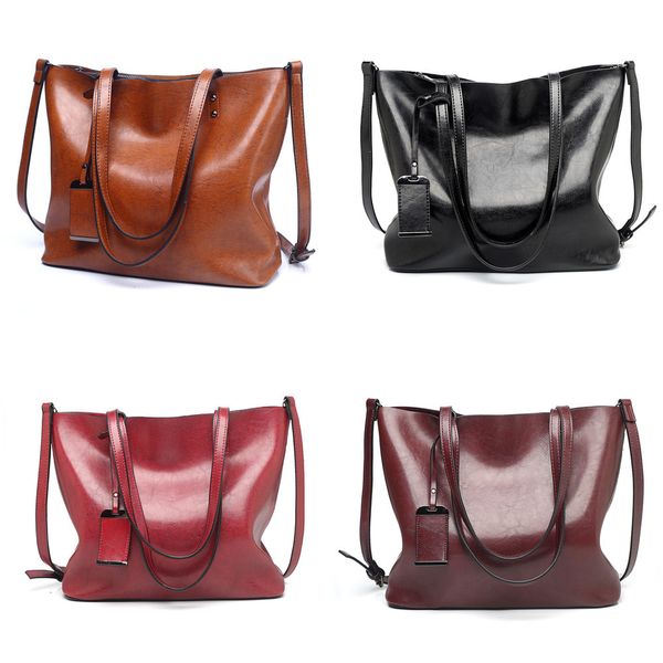 

women's 2021 new fashion tote oil skin large capacity one shoulder handbag, Black;red