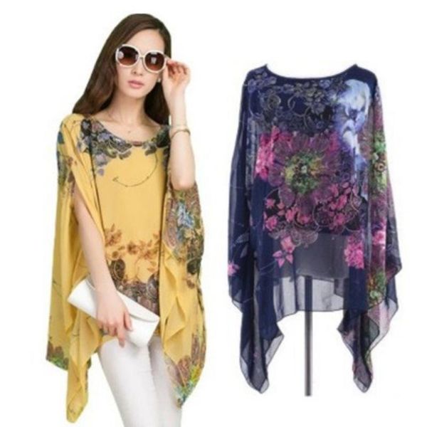 

women's blouses & shirts woman batwing sleeve sheer chiffon shirt bohemian flower tee oversized blouse yf299, White