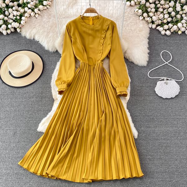 

spring autumn vintage women long dress casual round neck puff sleeve draped maxi robe female elegant big swing vestidos new 2022, Black;gray