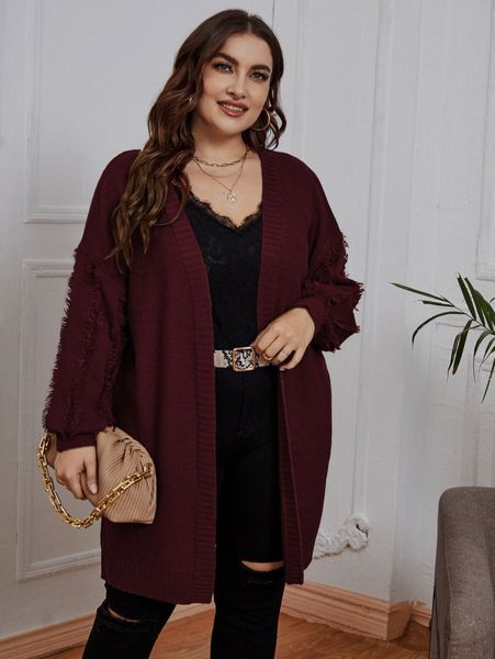 

plus solid distressed drop shoulder cardigan r7my#, Black