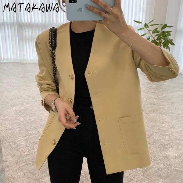 

women's suits & blazers matakawa autumn balzer coat korean all-match v neck loose pocket casual solid long sleeve jackets blaser femini, White;black