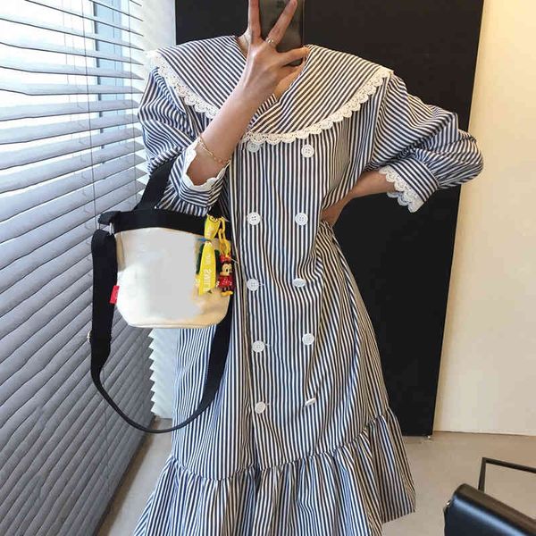 

casual dresses korean retro western style lapel lace stitching double-breasted loose ruffle striped dress women twhd, Black;gray