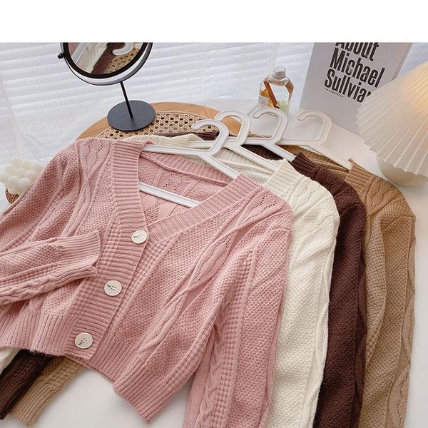 

women's jackets 2021 spring and autumn niche sweet short long-sleeved single-breasted loose knit sweater jacket women, Black;brown
