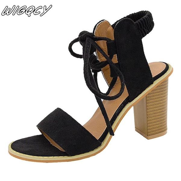 

fashion high heel sandals women shallow mouth open toe solid color roman shoes lace-up outdoor party work, Black