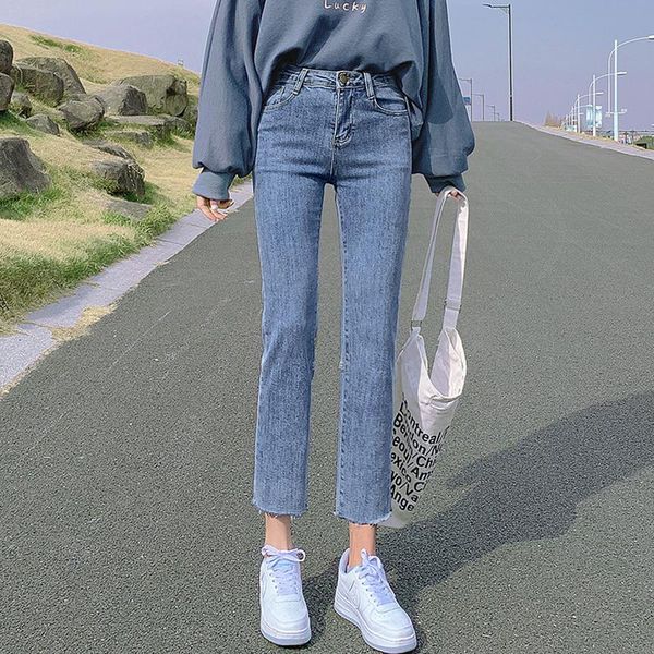 

women's jeans trendy nice summer women cotton blue denim pants female casual vintage high waist slim ankle length trousers