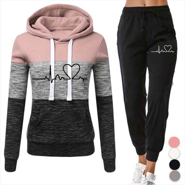

tracksuit 2 pieces set womenpant winter hoodies patchwork pullover sweatshirt female sport suit outfits for women clothing, White