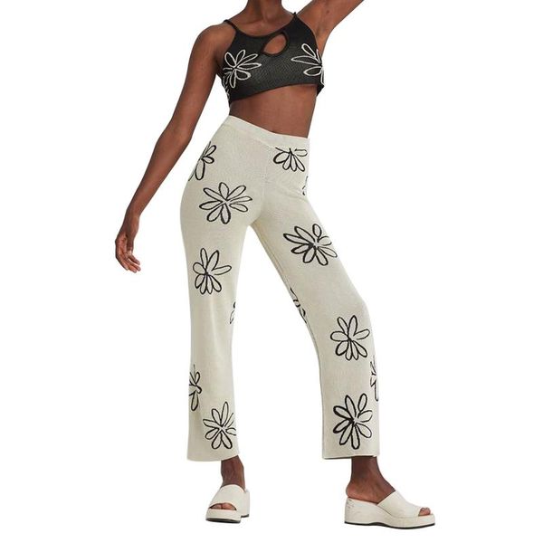 

women's pants & capris women spring long trousers, knitted flower elastic high-waist loose straight for girls, beige/black, Black;white
