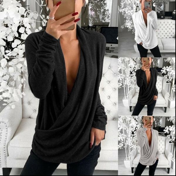 

autumn winter blusas casual women shirt loose deep v neck long sleeve pleated wrap tunic, White