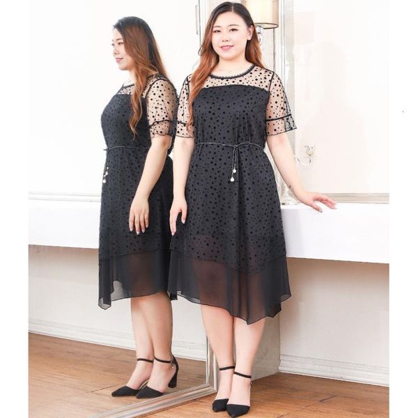 

dress in addition to size10xl 8xl 6xl 4xl extension summer black dot irregular hem elegant ladies ed for mujer, Black;gray