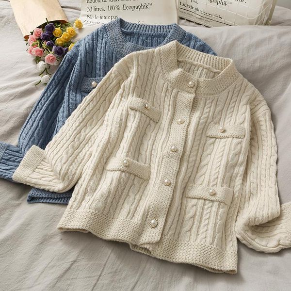 

women's knits & tees little fragrance sweater women single-breasted long-sleeved pure color round neck cardigan simple female, White