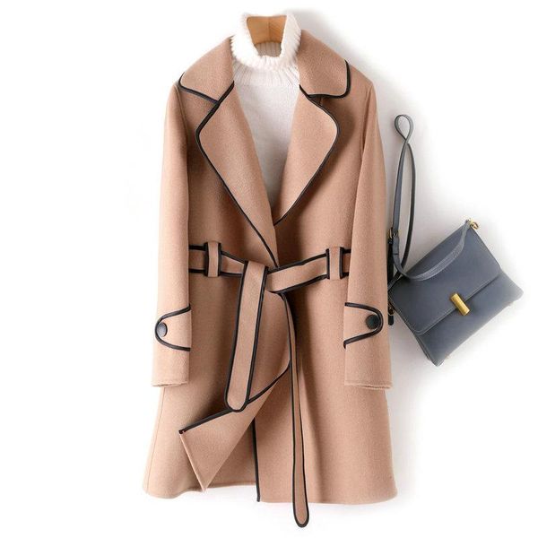 

women's wool & blends women's double-side coat 2021 autumn and winter belt korean version of loose high-end temperament female wool, Black