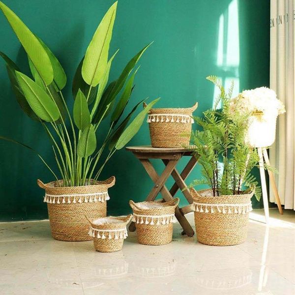 

planters & pots nordic handmade straw laundry picnic toy storage basket tassel macrame woven flower pot plant container home garden decorati