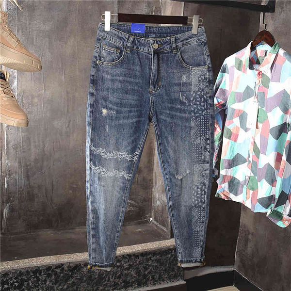 

autumn and winter wear out small feet micro cone slim fit used elastic student work middle waist men's nine point cowboy long, Blue