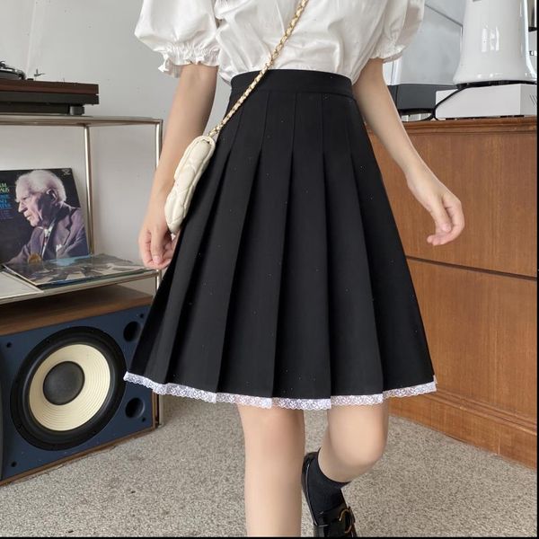 

summer fashion womens skirts kawaii lace pleated skirt women high waist cosplay school uniform mini plus size solid a line, Black