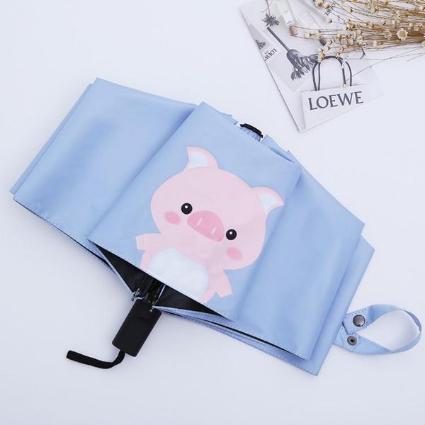 

umbrellas cute cartoon piggy sun umbrella rain women three folding sunshade uv black coating male and female