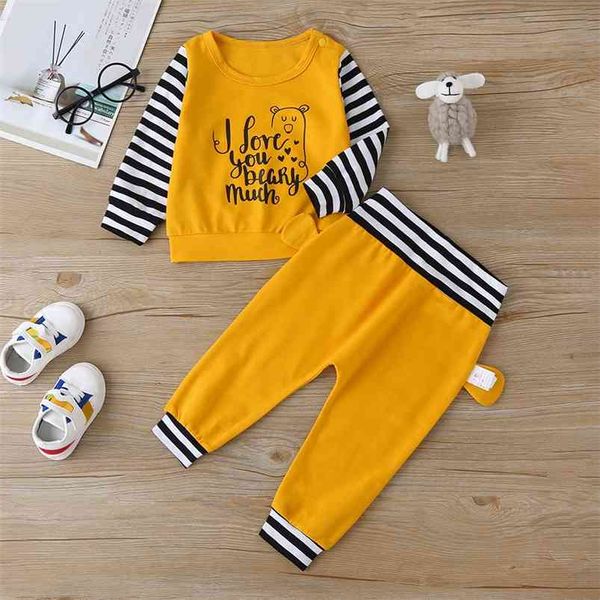 

winter children sets casual long sleeve o neck print t-shirt color contrast trousers cute 2pcs girls clothes 0-2t 210629, White