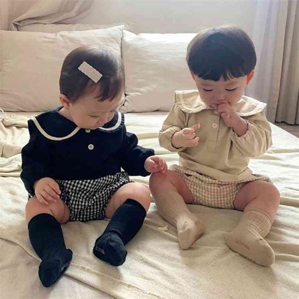 

spring models cotton baby navy collar shirt + plaid shorts suit children toddler girl clothes 210702, White