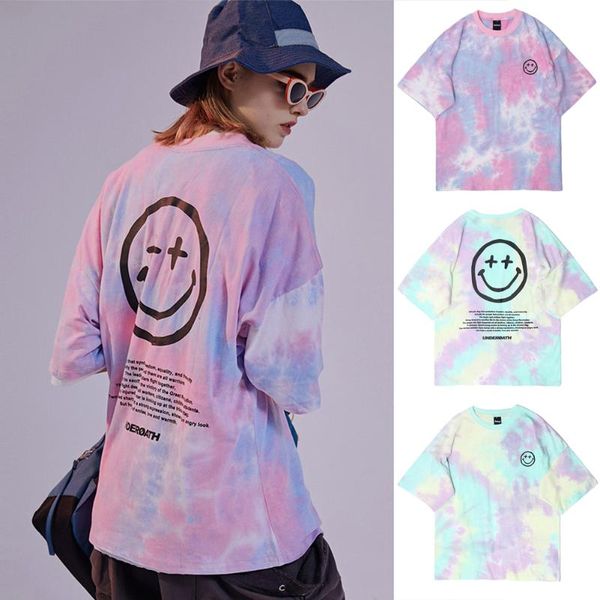 

men tie-dyed letterprint t-shirt hip hop street style harajuku summer short sleeve cotton casual t-shirts men's, White;black