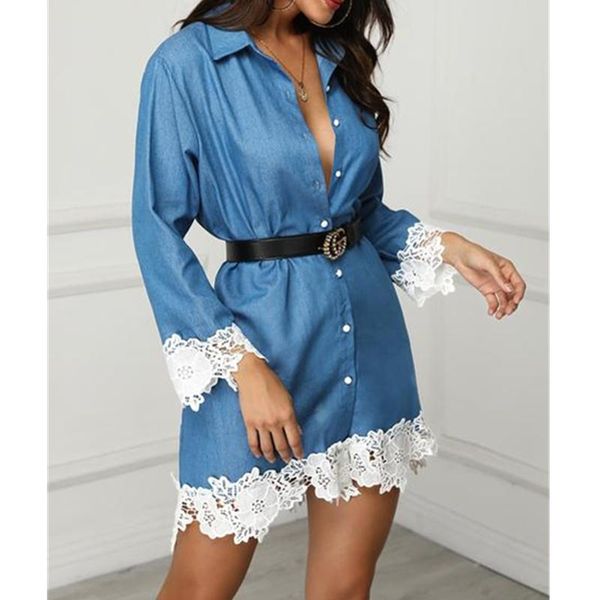 

women's denim dress button summer long sleeves lace loose mini fashion lady sundress casual dresses, Black;gray