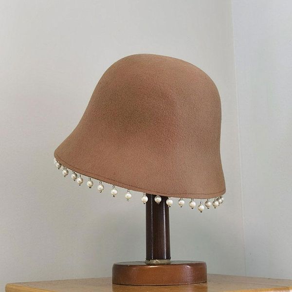 

stingy brim hats autumn winter korea catwalk style 100% wool pearl tassel lady bucket cap casual basin fishing hat sombrero mujer, Blue;gray