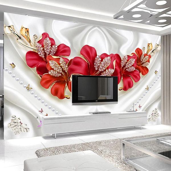 Обои на заказ народные обои обои стена искусства 3D европейский стиль красный цветок алмаз ювелирные изделия гостиная телевизор фоновый декор фрем