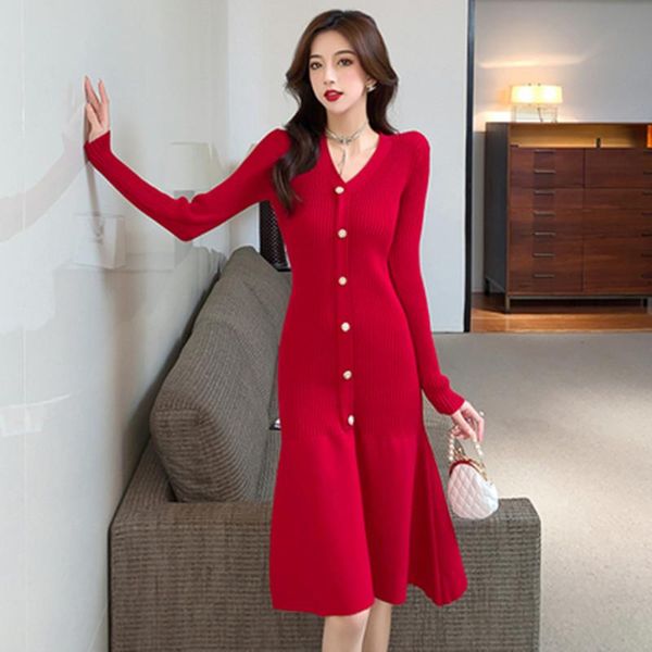 

casual dresses arrival women elegant knitting spring korean chic v neck long-sleeved slim sweater mermaid dress vestidos, Black;gray