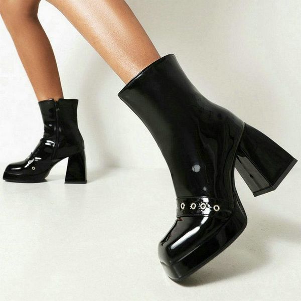 

boots black white women ankle platform thick high heel ladies short patent pu leather plush fall winter women's boot
