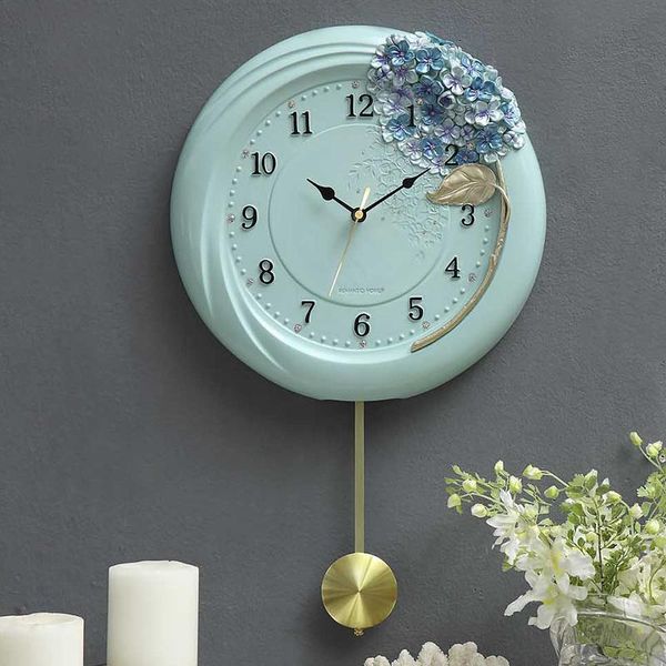 

wall clocks creative round pendulum flowers girl unique european rustic clock silent resin relog de pared home decor dm50wc