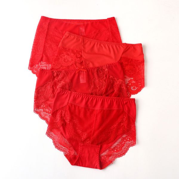 

underwear women's birthday size 200 jin cotton big red medium high waist lace sexy, Black;pink