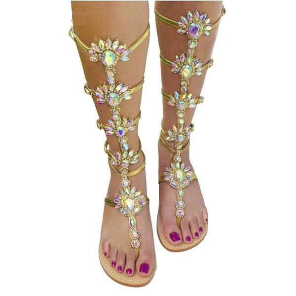 

sandals ippeum summer flats sandal gladiator gold rhinestone knee high buckle strap woman boots bohemia style crystal beach shoes 2021, Black
