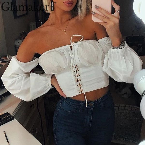 

glamaker white off shoulder elegant lace up crop women lantern sleeve short summer party club tank streetwear 210414