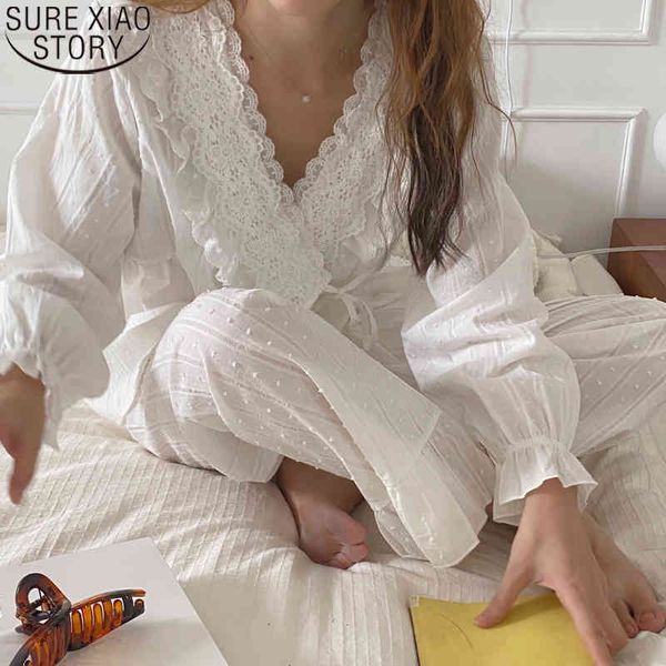 Dolce scollo a V stile palazzo pizzo set primavera elegante pigiama coreano donna pigiama bianco puro cotone vestiti per la casa 13817 210417