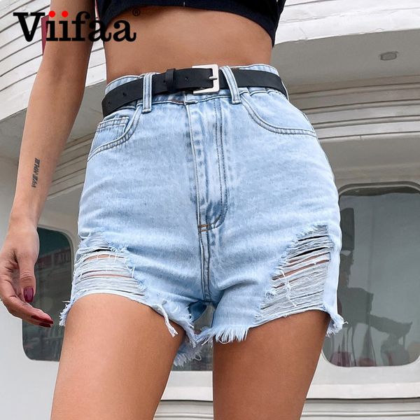 

viifaa light blue high waist ripped denim shorts 2021 summer streetwear women frayed hem hole fashion jeans shorts with belthigh quality, Black;gray