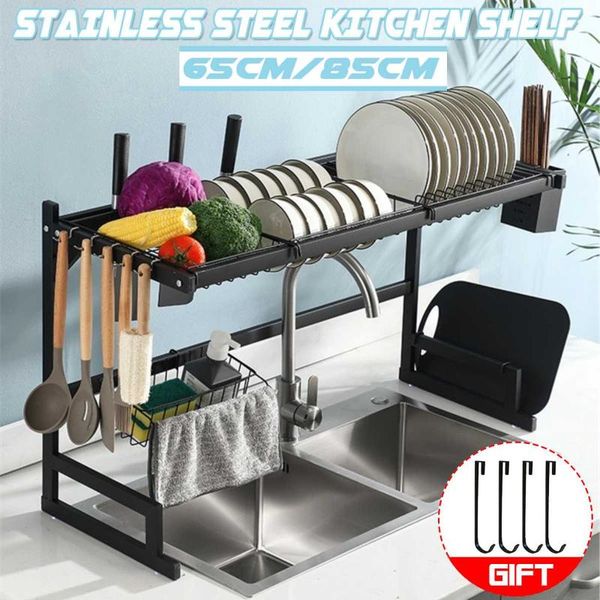 

hooks & rails 85cm stainless steel kitchen shelf organizer over the sink dish drying rack holder draining storage countertop