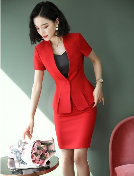 

novelty red summer short sleeve women business suits with and skirt for ladies office professional styles blazers set, White;black