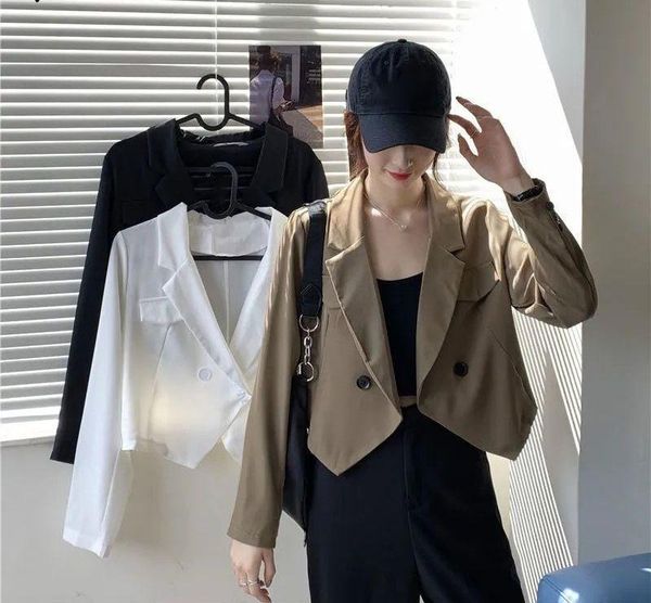 

women's suits & blazers women crops elegant loose design chic solid double breasted notched collar casual ropa korean style fit fashion, White;black