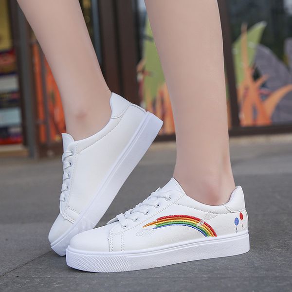 

autumn rainbow lace up vulcanized shoes sneakers women shoes woman casual shoes female loafers pu leather colorful ladies flats, Black