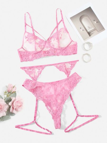 

3pack plus embroidery mesh garter lingerie set z3lz#, Black;white