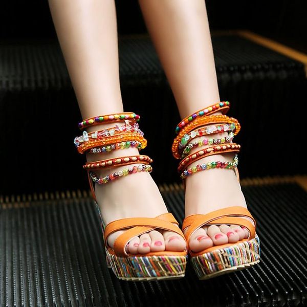 

summer fashion beaded ethnic style platform sandals, Black