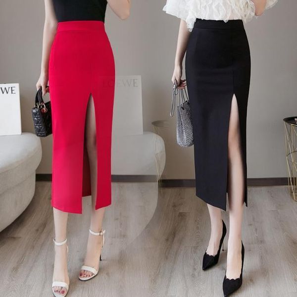 

skirts 2021 summer women long skirt casual wrap female split high waist midi office party ladies elegant plus size 5xl f22, Black
