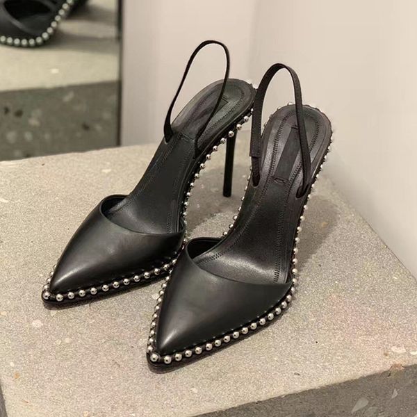 

new rivet steel ball edging pointed toe baotou sandals slim high heel hollow out women's shoes 80% off outlet online sale, Black