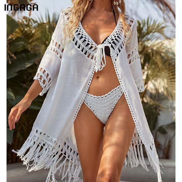 

women's swimwear ingaga knitted beach dress tassel dresses woman summer 2021 hollow out bikini cover up long sleeve beachwear, White;black