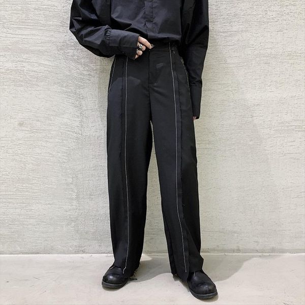 

vintage old fringe white line women pant wide leg casual male japan harajuku style street fashion show trousers suit straight, Black