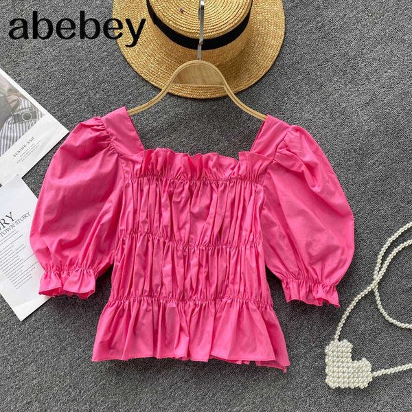 

women korean ruched blouse elegant solid square collar puff sleeve fashion streetwear short blouses 210715, White
