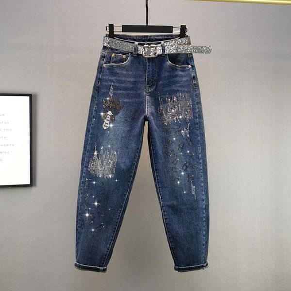 

women's jeans for women drilling denim pants 2021 spring fall cotton elastic loose all-matching skinny jean pencil pant, Blue