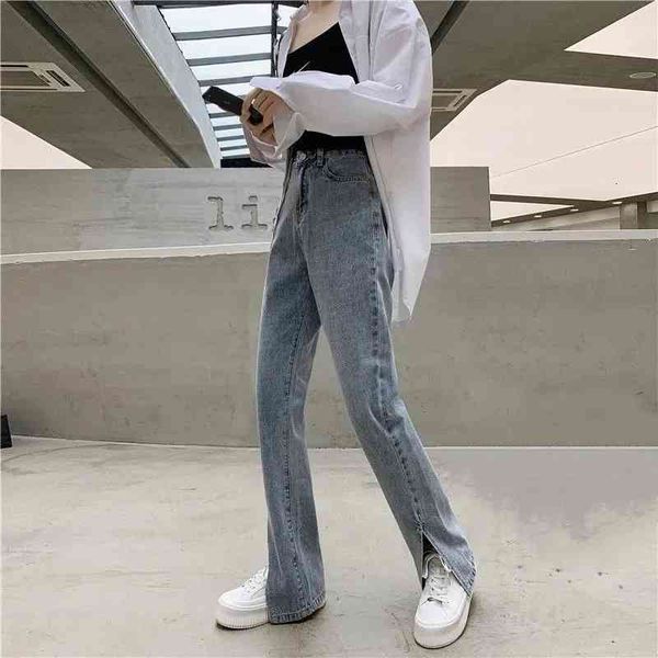 

women's jeans irmÃ£ fara nova primavera moda split denim jeans feminino elasticidade de cintura alta em linha reta alargamento calÃ§, Blue