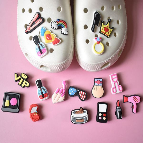 

19pcs lipstick nail polish charms gifts diy x-mas shoe buckle fit croc kids accessories wristbands girl pvc decoration, Bronze;silver