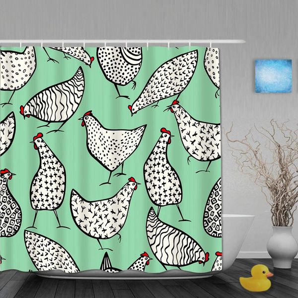 

bath shower curtain set with 12 hooks hand drawn chickens background